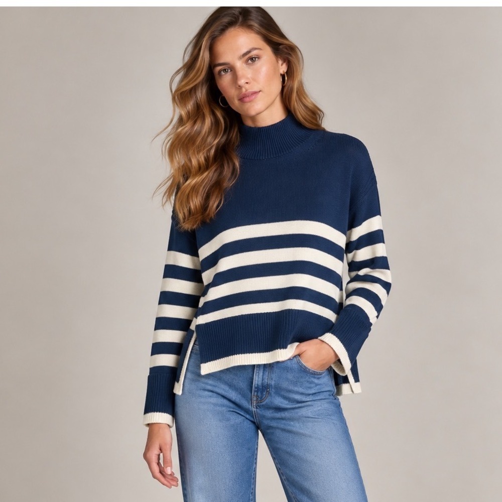 On 34th Blue Striped Nautical Preppy Mock Neck Knit Sweater, S